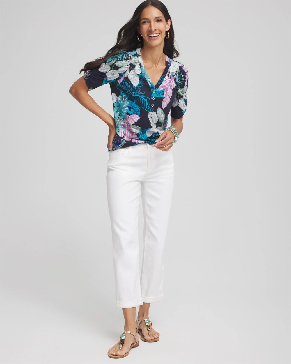 Tropical Slub Shirred-Sleeve Henley Tee | Chico's
